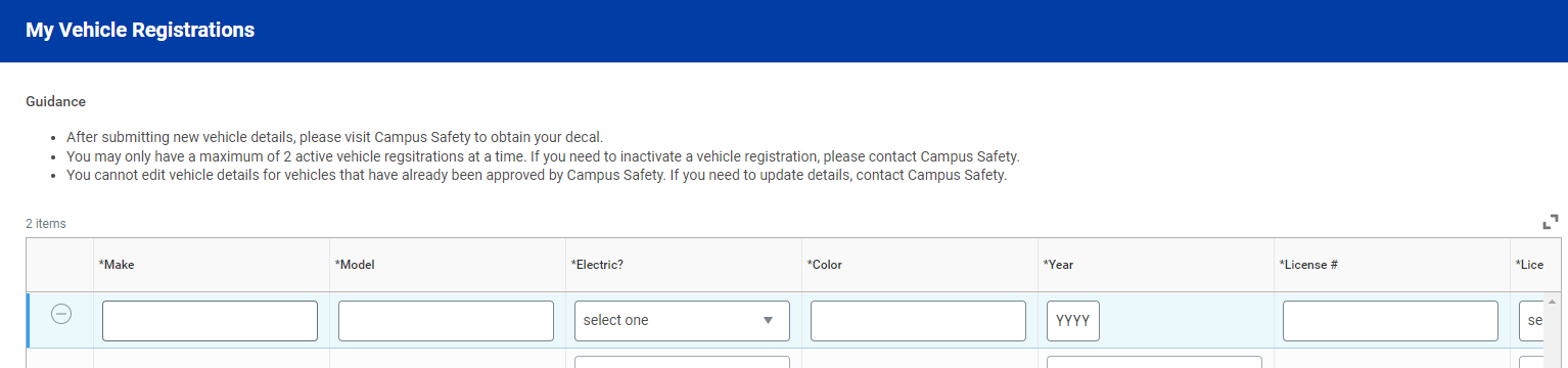 vehicle registration screen
