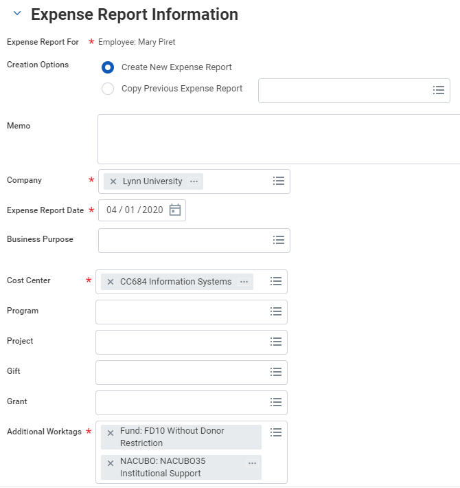 Expense report information