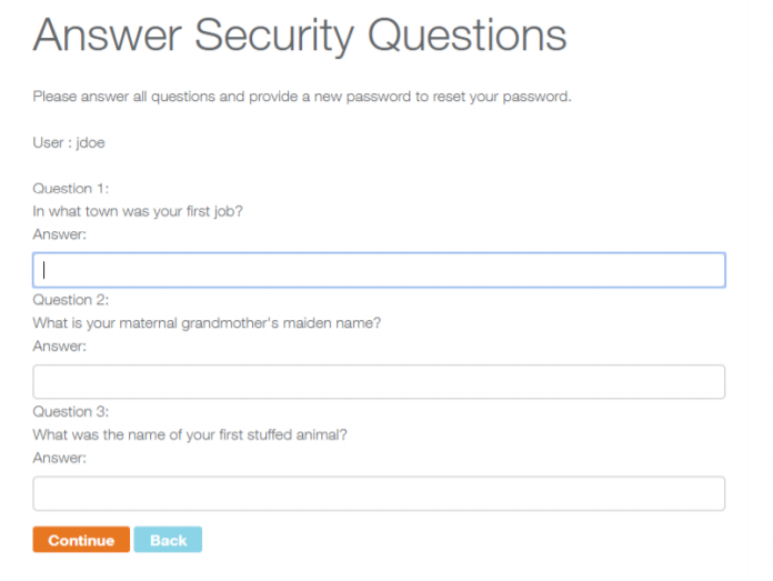 Answer security questions screen