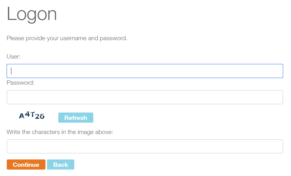 Enter username and password screen