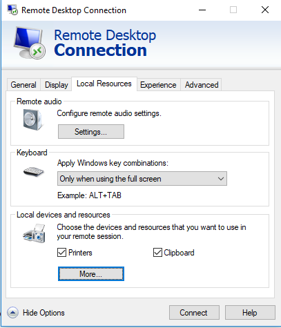 Remote desktop local resources window